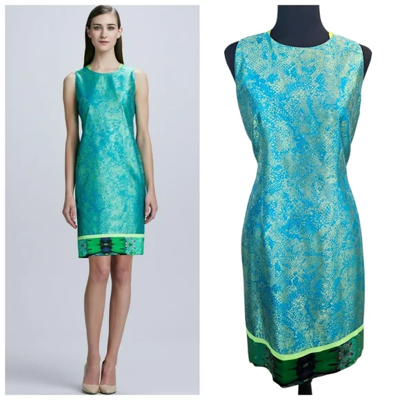 Elie Tahari Silk Blend Iridescent Teal and Green Sleeveless Sheath Dress Sz 10 - Picture 1 of 16